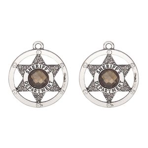 Charm, antique silver-finished "pewter" (zinc alloy) and glass, clear and greige, 24mm single-sided sheriff badge. Sold per pkg of 2.