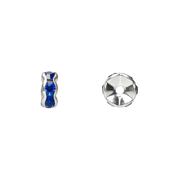 Bead, glass rhinestone and silver-plated brass, sapphire blue, 7x3mm rondelle. Sold per pkg of 10. image number 0