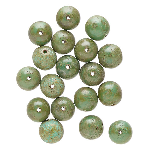 Bead, Czech glass, opaque turquoise green and olive green travertine, 8mm round. Sold per pkg of 19. image number 0