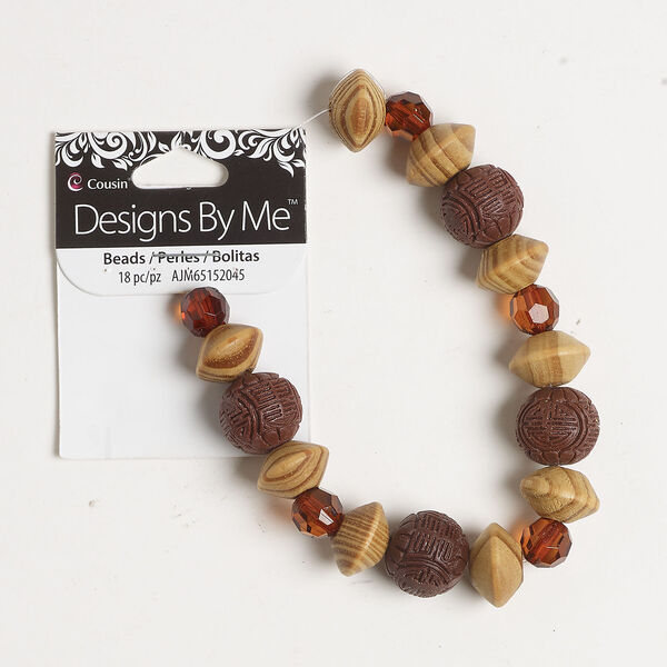 Bead assortment 1pkg18, wood (natural) / acrylic, topaz, 10mm faceted round / 15mm carved round / 15x9mm-16x10mm saucer. image number 0