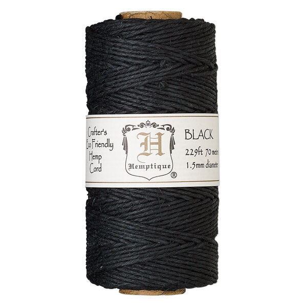 Cord, Hemptique®, polished hemp, black, 1.5mm diameter, 45-pound test. Sold per 229-foot spool. image number 0