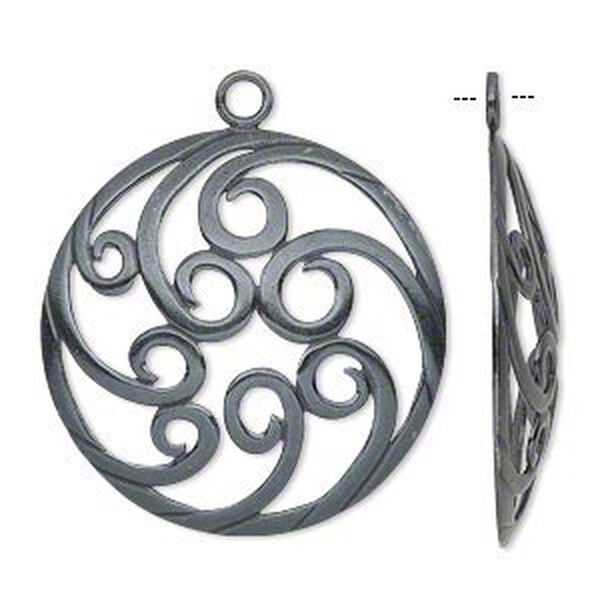 Focal, JBB Findings, gunmetal-plated brass, 34mm single-sided domed flat round with swirl design. Sold individually. image number 0