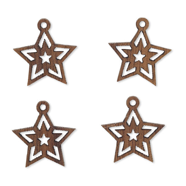 Drop, wood (natural), 15x13mm single-sided star with cutout design. Sold per pkg of 4. image number 0