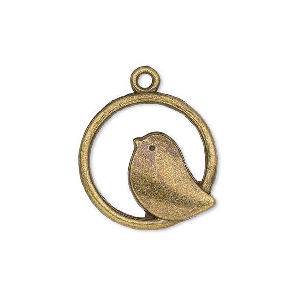Drop, antique brass-plated "pewter" (zinc-based alloy), 21x20.5mm single-sided flat round with bird. Sold per pkg of 10. image number 0