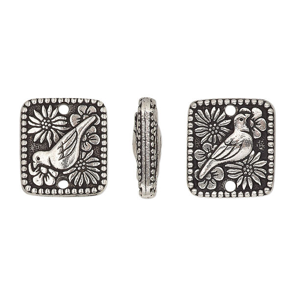 Link, TierraCast®, antique silver-plated pewter (tin-based alloy), 15x13mm double-sided flat rectangle with bird and flowers design and beaded edge. Sold per pkg of 20. image number 0
