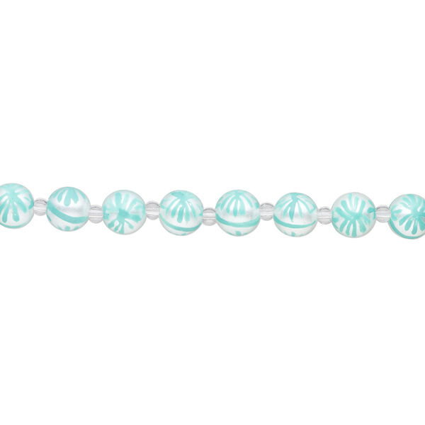 Bead, glass 1pkg8, opaque white and seafoam green, 12mm hand-painted round. image number 1