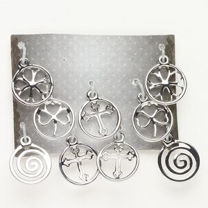 Drop charm assortment "pewter" zinc-based alloy 9pk 15mm round mixed cutout design, silver finish