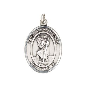 Drop, Britannia pewter (tin-based alloy), 24.5x19mm single-sided diamond-cut oval with Saint Christopher and "PRAY FOR US". Sold individually.