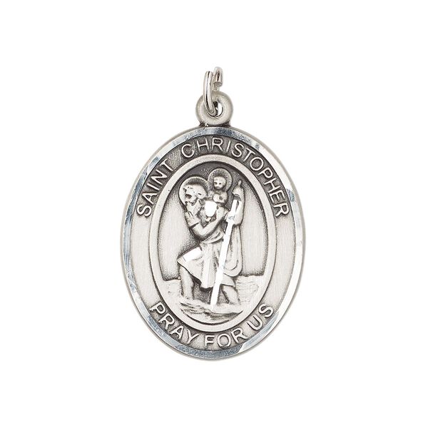 Drop, Britannia pewter (tin-based alloy), 24.5x19mm single-sided diamond-cut oval with Saint Christopher and "PRAY FOR US". Sold individually. image number 0