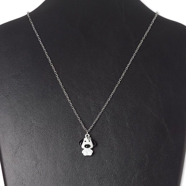 Necklace, glass rhinestone / enamel / silver-finished "pewter" (zinc-based alloy) / steel, white / black / clear, 20x18mm dog, 18 inches with 3-inch extender chain and lobster claw clasp. Sold individually. image number 0