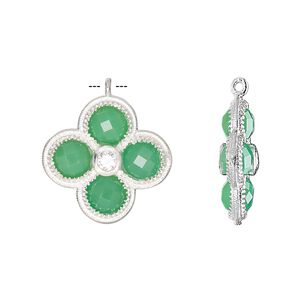 Drop, chalcedony (dyed) / cubic zirconia / sterling silver, clear and sea green, 19mm double-sided faceted flower. Sold individually.