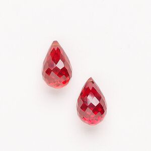 Briolette 1pkg2 glass, 14x9mm faceted drop, red