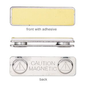 Badge holder, magnetic, neodymium and nickel-finished "pewter" (zinc-based alloy), white, 45x13mm rectangle with 43x11mm adhesive front. Sold per pkg of (2) 2-piece sets.
