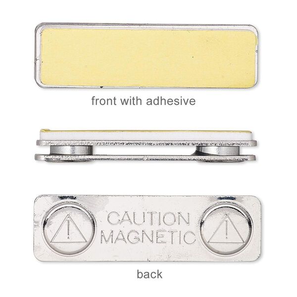 Badge holder, magnetic, neodymium and nickel-finished "pewter" (zinc-based alloy), white, 45x13mm rectangle with 43x11mm adhesive front. Sold per pkg of (2) 2-piece sets. image number 0