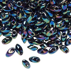 Seed bead, Miyuki, glass, pkg/10g, 7x4mm long magatama, opaque metallic iris variegated blue (LMA-455).