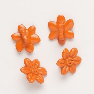 Spacer bar, "pewter" (zinc-based alloy) and enamel, orange, 14x12mm 2-strand flower, fits up to 4mm beads. Sold per pkg of 4.