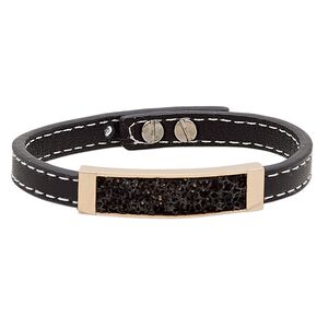 Bracelet, leather (dyed) / stainless steel / black-plated / rose gold-finished brass, black and white, 11mm wide with textured design and 45x11mm curved rectangle, adjustable at 6-1/2 and 7 inches with two-hole button stud closure. Sold individually.