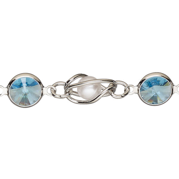 Chain, VINTAGE Crystal™, imitation rhodium-plated brass and crystal, aquamarine and white, 9mm round pearl and rivoli link. Sold per pkg of 1 meter. image number 0