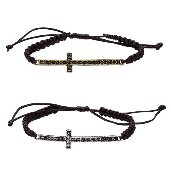 Bracelet, nylon with antique silver- and brass-plated "pewter" (zinc-based alloy), black, 15mm wide with 60x15mm curved cross and hearts, adjustable from 6 to 8-1/2 inches with macramé knot closure. Sold per pkg of 2. image number 0