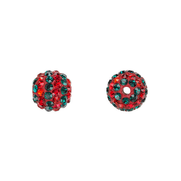 Bead, Egyptian glass rhinestone / epoxy / resin, red and dark green, 10mm round with pavé striped design. Sold individually. image number 0