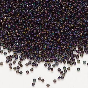 Seed bead, Miyuki, glass, pkg/35g, #15 rocaille, opaque metallic iris dark plum (RR-454).