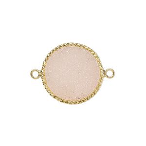 Link, druzy agate (dyed) and gold-plated sterling silver, pink, 17-19mm hand-cut single-sided flat round with twisted wire design. Sold individually.