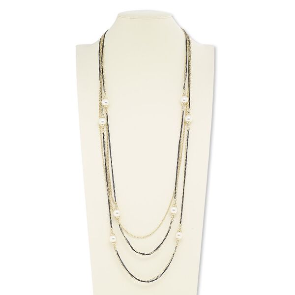 Necklace, 5-strand, glass rhinestone / plastic pearl / painted steel / gold-finished steel / "pewter" (zinc-based alloy), black / white / clear, 14mm round, 36 inches with lobster claw clasp. Sold individually. image number 0
