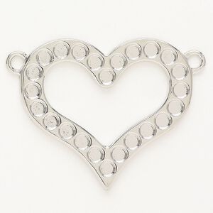 Focal, brass, pkg/1, 36x32mm heart with two loops and 3mm round settings, silver finish.