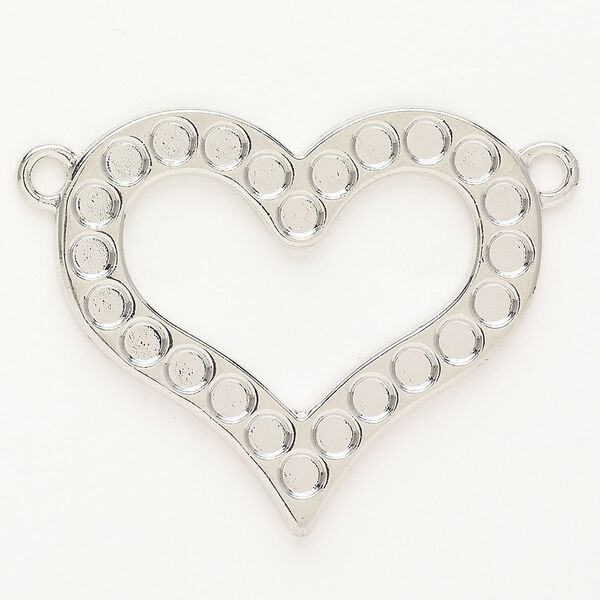 Focal, brass, pkg/1, 36x32mm heart with two loops and 3mm round settings, silver finish. image number 0