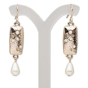 Earring, glass rhinestone / acrylic / rose gold-finished stainless steel / "pewter" (zinc-based alloy), white and topaz brown, 1-3/4 inches with rectangle and fishhook ear wire. Sold per pair.