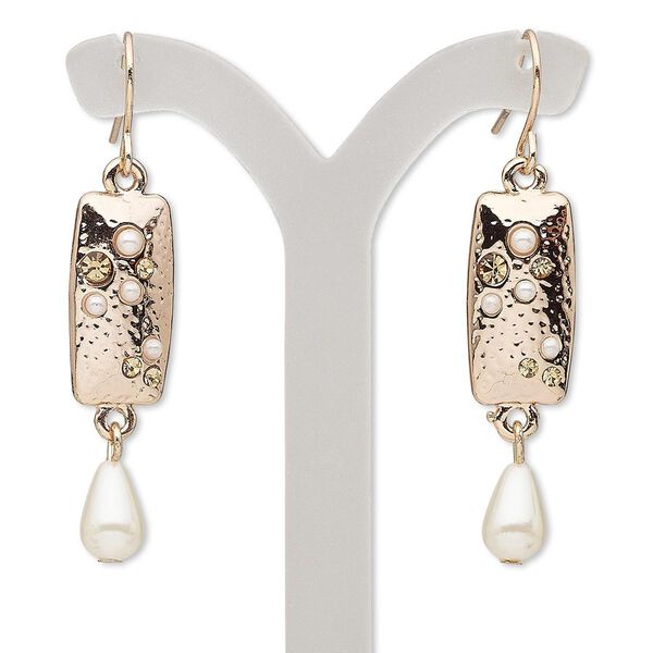 Earring, glass rhinestone / acrylic / rose gold-finished stainless steel / "pewter" (zinc-based alloy), white and topaz brown, 1-3/4 inches with rectangle and fishhook ear wire. Sold per pair. image number 0