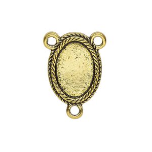 Connector, antique gold-finished "pewter" (zinc-based alloy), 21x15.5mm double-sided oval rosary with double rope design and 16.5x11.5mm non-calibrated oval cabochon glue-in setting. Sold per pkg of 4.