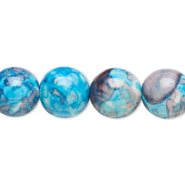 Bead, resin and painted ceramic, blue / white / grey, 12mm round. Sold per 15" to 16" strand. image number 0