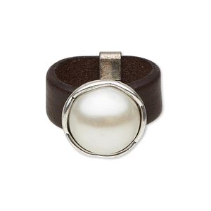 Ring, leather (dyed) / acrylic pearl / silver-plated "pewter" (zinc-based alloy), dark brown and white, 15mm round, size 8. Sold individually.