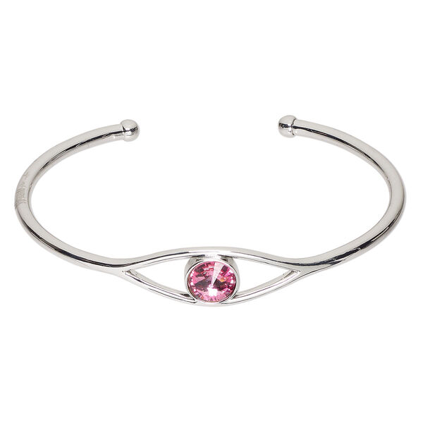 Bracelet, cuff, Everyday Jewelry™, Crystal Passions® and silver-plated "pewter", rose, 12mm wide round, 8-1/2 inches. Sold individually. image number 0