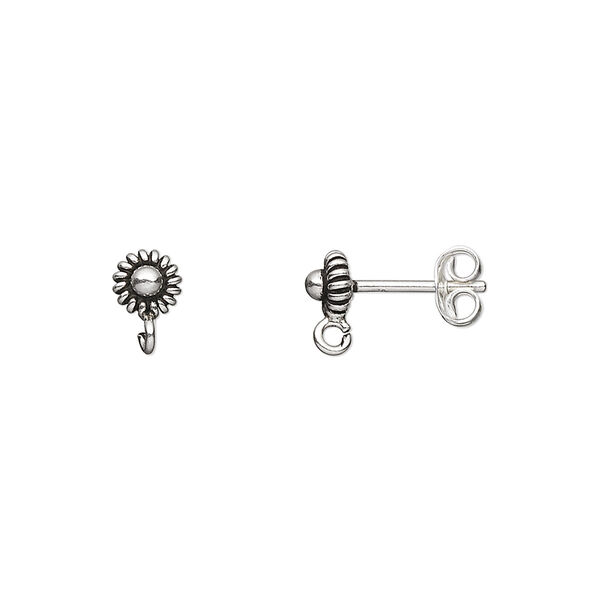 Earstud, antiqued sterling silver, 6x6mm flower with open loop. Sold per pkg of 3 pairs. image number 0