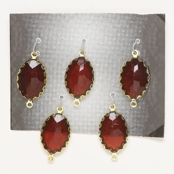 Link, glass and gold-finished "pewter" (zinc-based alloy), translucent red, 20x13.5mm double-sided faceted oval. Sold per pkg of 5. image number 0