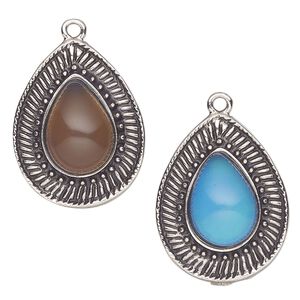 Focal, acrylic and antique imitation rhodium-plated "pewter" (zinc-based alloy), 32x25mm teardrop with color-changing "mood" cabochon. Sold per pkg of 2.