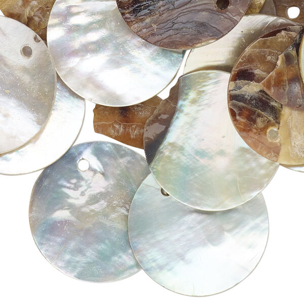 Drop, mussel shell (dyed / coated), grey, 20mm flat round, Mohs hardness 3-1/2. Sold per pkg of 25. image number 0