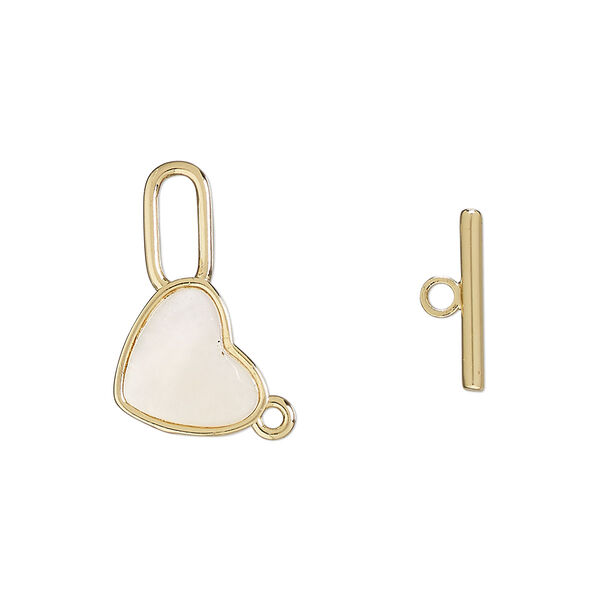 Clasp toggle 1pkg2 brass / mother-of-pearl shell, 21x11mm heart, bleached gold finish / white image number 0