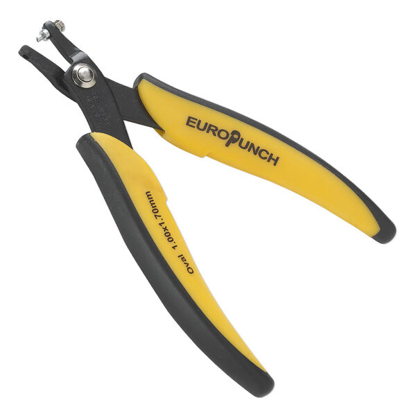 Hole punch pliers, EUROTOOL®, carbon steel and plastic, black and yellow, 5-3/4 inches with 1.7x1mm oval hole. Sold individually. image number 0