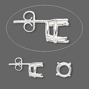 Earstud 1pkg2 Sure-Set™ sterling silver, 8mm round pre-notched 4-prong basket-style setting / earnuts, 1 pair
