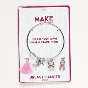 Bracelet and charm assortment, antique silver-finished brass / glass / fabric, pink, Breast Cancer theme, 7-1/2 inches. Sold per 5-piece set.