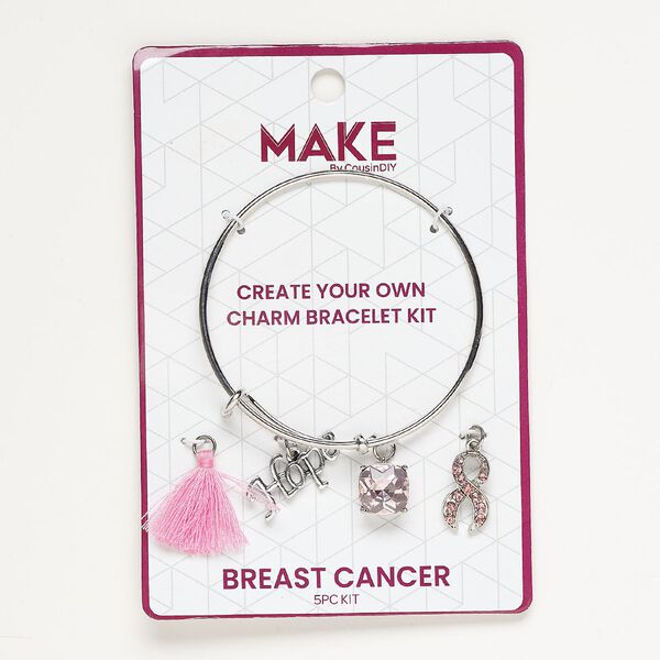 Bracelet and charm assortment, antique silver-finished brass / glass / fabric, pink, Breast Cancer theme, 7-1/2 inches. Sold per 5-piece set. image number 0