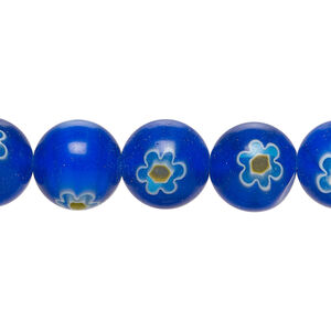 Bead, millefiori glass 1pkg1, translucent dark cobalt blue / white / yellow-orange, 11-13mm round, 15 inches.
