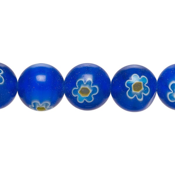 Bead, millefiori glass 1pkg1, translucent dark cobalt blue / white / yellow-orange, 11-13mm round, 15 inches. image number 0