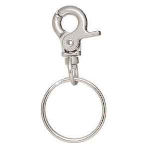 Key ring, imitation rhodium-finished brass and steel, 53.5x25.5mm overall with 20x14mm trigger snap on a swivel and 25.5mm split ring. Sold per pkg of 5.
