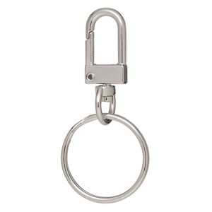 Key ring, imitation rhodium-finished brass and steel, 55.5x25.5mm overall with 21x12mm self-closing trapezoid on a swivel with 25mm split ring. Sold per pkg of 5.