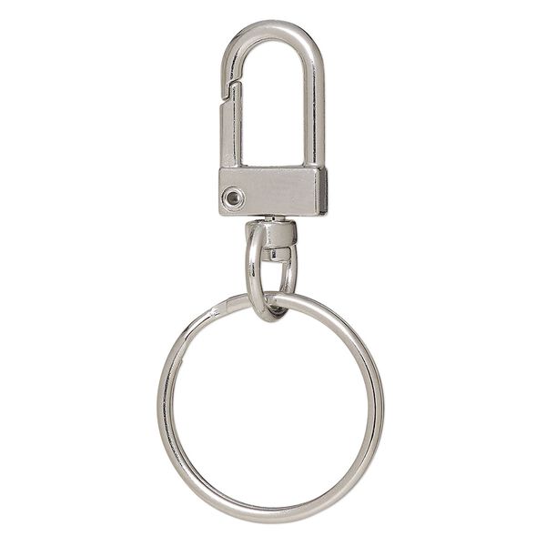 Key ring, imitation rhodium-finished brass and steel, 55.5x25.5mm overall with 21x12mm self-closing trapezoid on a swivel with 25mm split ring. Sold per pkg of 5. image number 0