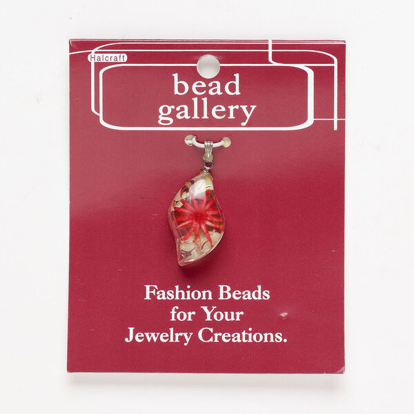 Resin / "pewter" (zinc-based alloy) / brass 1pkg1, curve pendant / flower clear / red / antique silver-finish 28x15mm image number 0